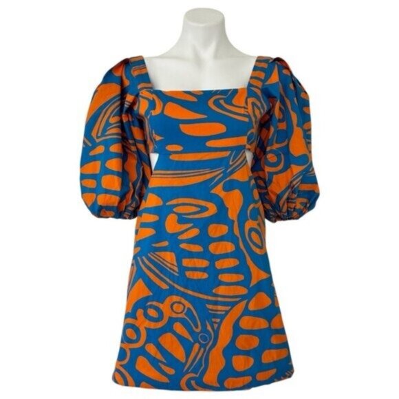 Alexis Bodhi Indigo Blue Orange Puff Sleeve Cut Out Mini Dress Size M - Picture 3 of 11